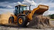 Powerful wheel loader or bulldozer isolated on sky background. Loader pours crushed stone or gravel from the bucket. Powerful modern equipment for earthworks and bulk handling.