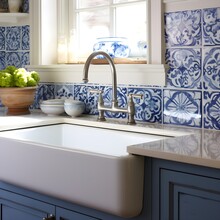 Blue And White Kitchen With A Sink, Blue Tile And White Cabinets, In The Style Of French Countryside