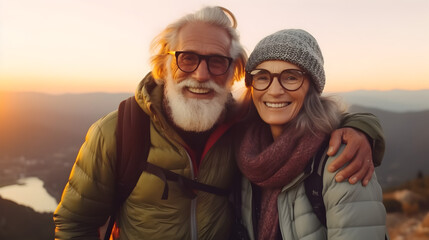 Wall Mural - Old hiking couple with grey hear enjoy the beautiful sunset in the mountain during a hiking tour and making a happy smiling self portrait selfie, generative ai