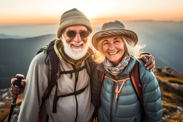 Wall Mural - Old hiking couple with grey hear enjoy the beautiful sunset in the mountain during a hiking tour and making a happy smiling self portrait selfie, generative ai 