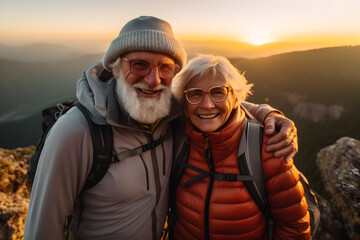 Wall Mural - Old hiking couple with grey hear enjoy the beautiful sunset in the mountain during a hiking tour and making a happy smiling self portrait selfie, generative ai