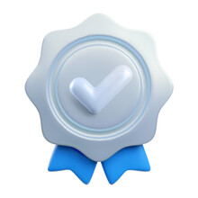 Vector Cartoon 3d Medal Realistic Icon With Yes Check Mark And Ribbon. Trendy Silver Award Render