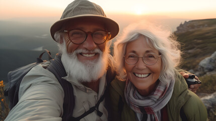 Wall Mural - Old hiking couple with grey hear enjoy the beautiful sunset in the mountain during a hiking tour and making a happy smiling self portrait selfie, generative ai 