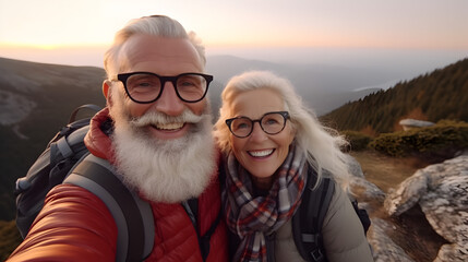 Wall Mural - Old hiking couple with grey hear enjoy the beautiful sunset in the mountain during a hiking tour and making a happy smiling self portrait selfie, generative ai 