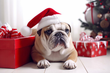 Wall Mural - English Bulldog dog with red Santa hat and Christmas gifts. 