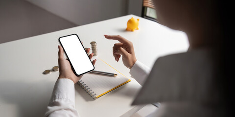Close up of woman hold use cellphone with white mockup screen manage finance online. Female calculate expense take care of budget on smartphone
