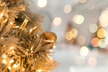 Poster - Christmas tree branches with decorations, balls, garlands, bokeh. Postcard with space for text.