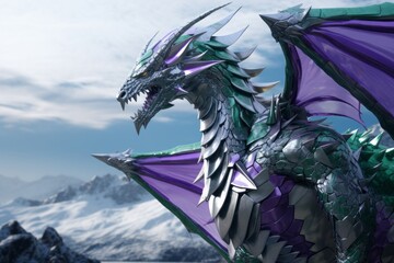 White metal dragon with purple and green color. Close-up