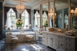 Glamorous Hollywood Regency bathroom exudes opulence with a mirrored vanity, crystal chandelier, and elegant lighting, showcasing the luxurious and stylish Hollywood interior design.