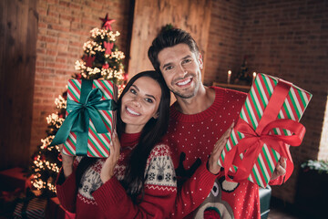 Sticker - Portrait of funny young smiling couple holding wrapped gift presents wear red warm sweaters trade their dreams on christmas eve indoors