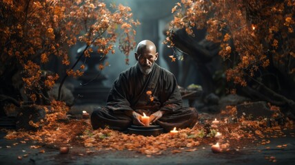 Asian monk meditating in a Buddhist temple. Religious concept