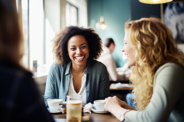 Wall Mural - Happy smiling female friends sitting in a café laughing and talking during a lunch break