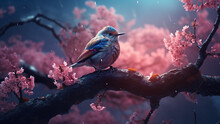 A Pretty Bird Sitting On A Cherry Blossom Tree Under Soft Moonlight