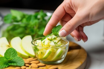 Sticker - hand squeezing lemon over apple and almond salad