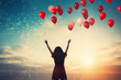 Freedom, Balloon trip, girl releasing balloons into the sky, dream, dream trip, freedom, AI generated