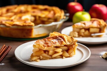 Canvas Print - apple pie with a single slice separated on the same dish