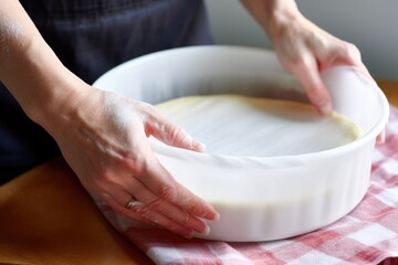 Wall Mural - a hand holding a roll of parchment paper, lining a pie dish