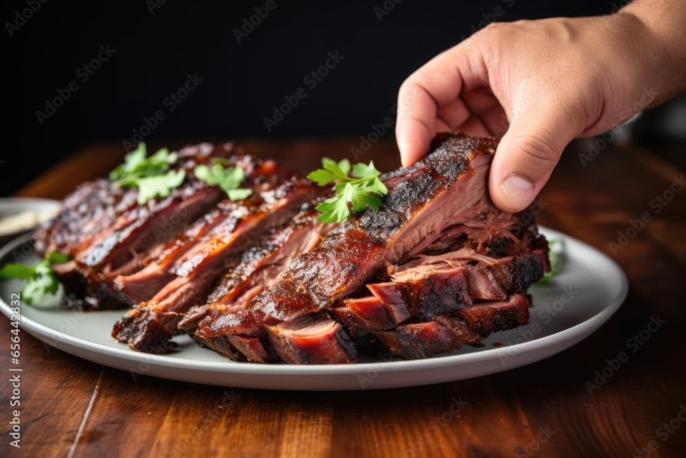 hand adjusting garnish on plate of applewood smoked pork ribs