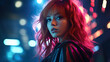 young woman with red hair in neon cyberpunk background lights created with Generative AI technology