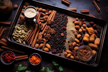 Poster - almonds, raisins, and mixed spices on a baking tray