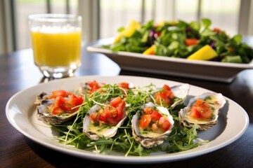 Sticker - serving oysters with a side salad on a plate