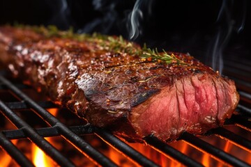 Canvas Print - zoomed-in shot of sizzling cut of beef on the grill