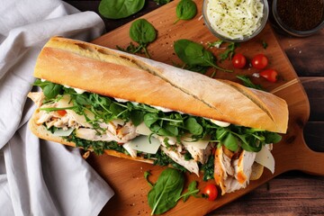 Wall Mural - top view of a baguette sandwich with turkey and spinach