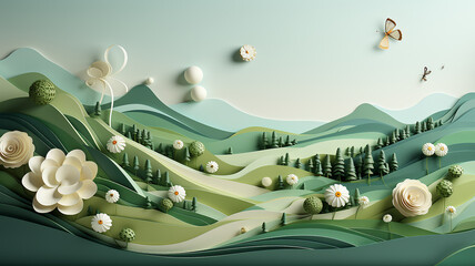 Wall Mural - greeting card, green abstract landscape in the style of paper sculpture.