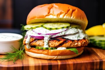 Sticker - salmon burger with dill sauce and cucumber