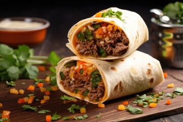 Wall Mural - spicy beef burrito garnished with fresh cilantro