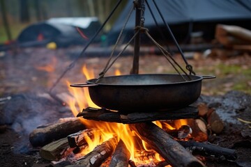 Sticker - black iron skillet heating over a campfire outside a small tent