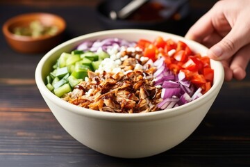 Sticker - hand topping bbq pulled pork bowl with diced onions