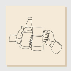 Wall Mural - Continuous single line sketch hand drawn drawing of hand cheering and holding bottle and glass wine liquor. One line art concept of bar party. Vector illustration