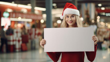 A Blonde Woman In Santa Claus Costume Pointing At Blank White Billboard Mockup On Christmas Poster - FIctional Person, Generative AI