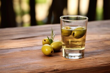 Canvas Print - vermouth glass with olive garnish on wooden table