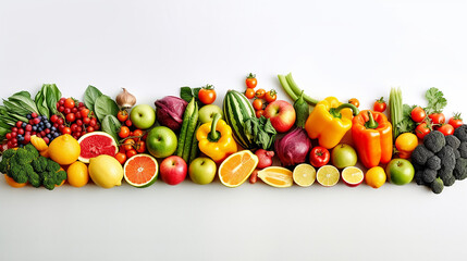 different colored fruits row on white background.