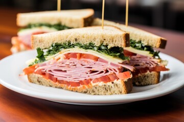 Sticker - deli meat sandwich cut in half on a white plate