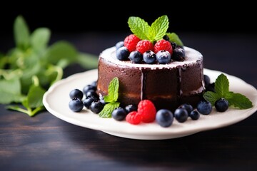 Canvas Print - a cake topped with fresh berries and surrounded by mint leaves