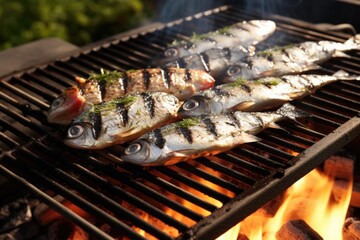 Poster - grilled sardines stack on a charcoal barbecue