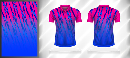 Vector sport pattern design template for Polo T-shirt front and back with short sleeve view mockup. Pink-blue color gradient abstract line  texture background illustration.