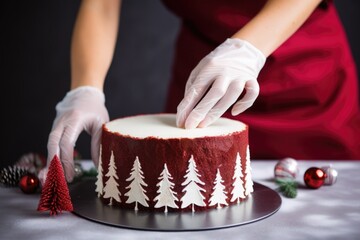 Wall Mural - hand holding a piping bag, decorating a christmas cheesecake