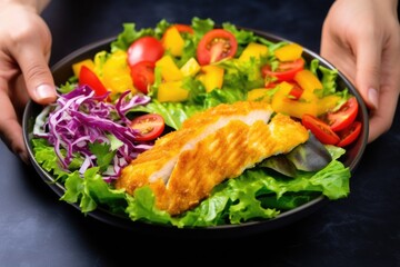 Wall Mural - hand holding golden fish fillet above colorful salad