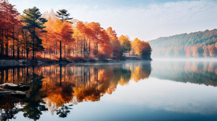 Sticker - foggy autumn landscape with lake