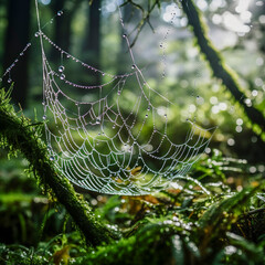 Wall Mural - Close up photo of a spider web with dew drops in a spring forest