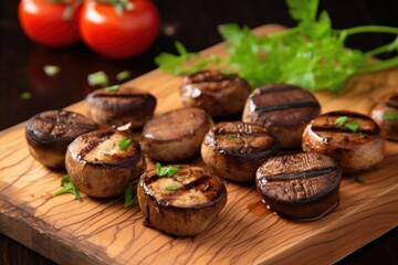 Poster - grilled mushrooms with grill marks on a wooden board