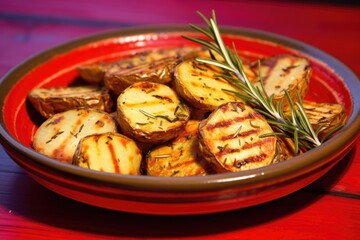 Wall Mural - grilled potatoes and rosemary on a red ceramic plate