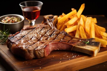 Wall Mural - t-bone steak with french fries on a wooden board