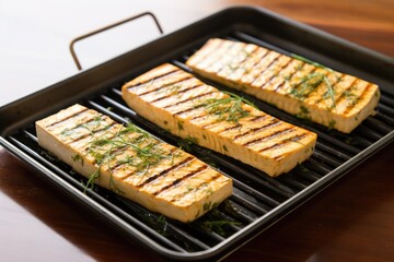 Poster - grilled tofu steak with grill marks on a stainless steel tray