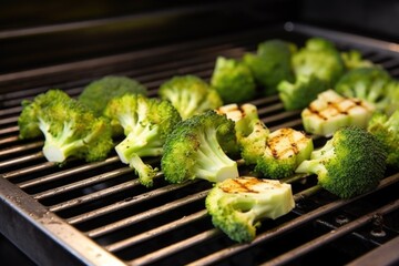 Canvas Print - open grill filled with broccoli florets brushed with oil