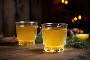 Sticker - a pair of hot toddy glasses gently resting on a wooden table